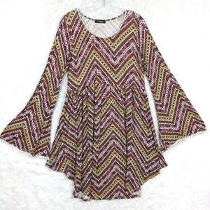 Young At Heart Womens‎ Dress Tunic Chevron Print Bell Sleeve Multicolor Boho XL